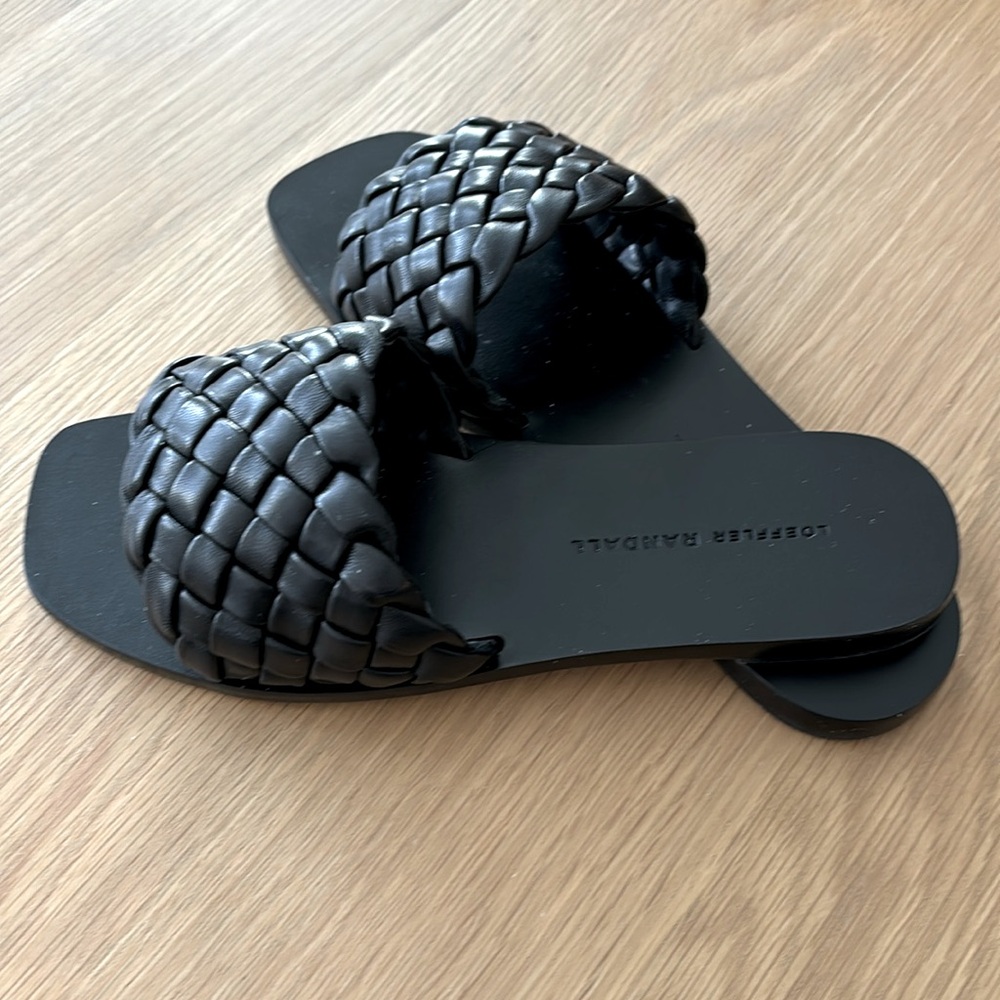 Loeffler Randall black braided sandals.